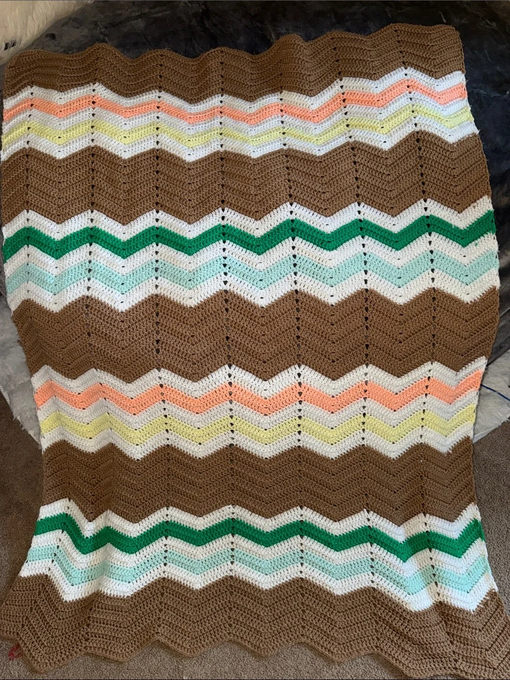 Hand Crafted Chevron Crochet Throw Blanket in Brown, White, Green, Peach, Yellow